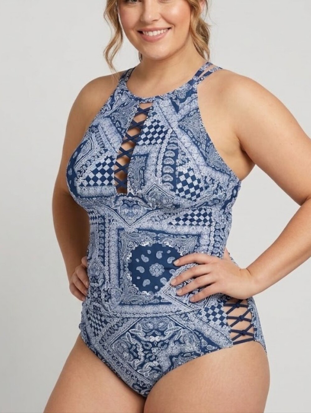 Plus Size 26 4x Lane Bryant Blue Paisley High-Neck Two-Piece Swimsuit Cacique